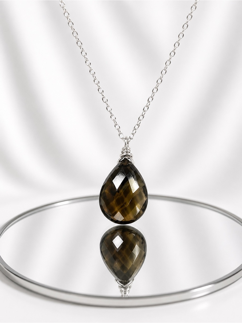 Handmade Faceted Smoky Quartz Pendant Necklace 16” Silver Chain